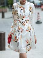 Shein White Stand Collar Long Sleeve Floral Print Dress