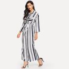 Shein Dual Pocket Front Striped Shirt Jumpsuit