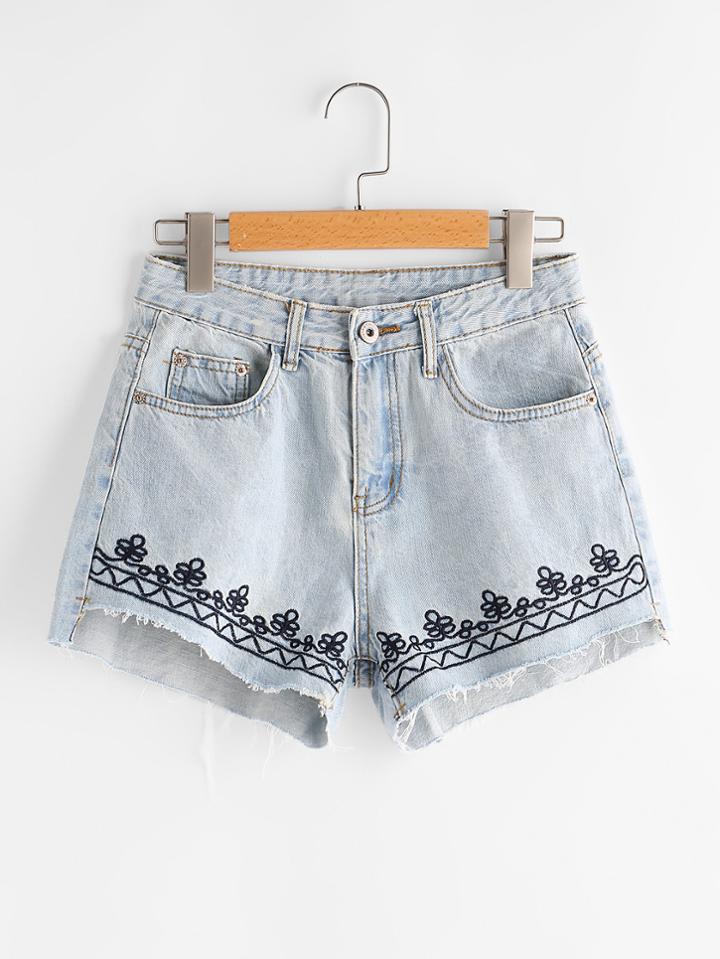 Shein Bleach Wash Embroidered Raw Hem Denim Shorts