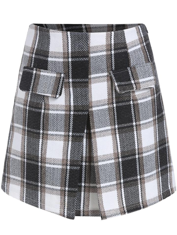 Shein Black Grey Plaid Split Skirt
