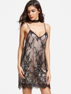 Shein Black Floral Lace Overlay Cami Dress With Neck Tie