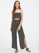 Shein Vertical Striped Frill Layered Bandeau Top With Split Pants