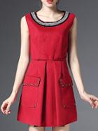 Shein Red Sleeveless Beaded Suede Star Pockets Dress