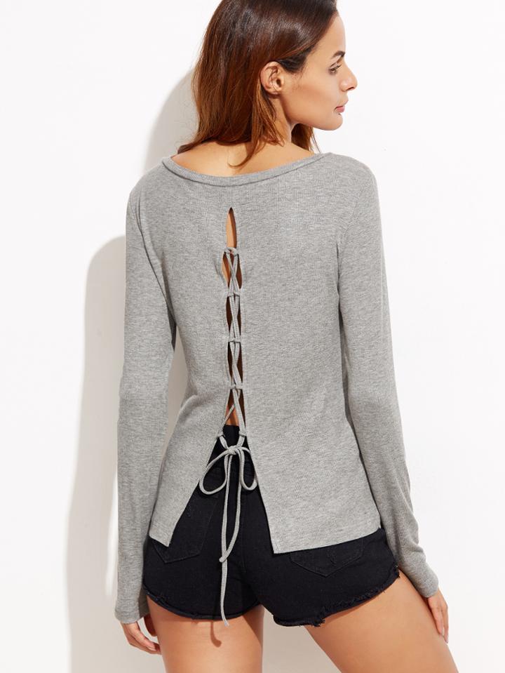 Shein Heather Grey Lace Up Back T-shirt