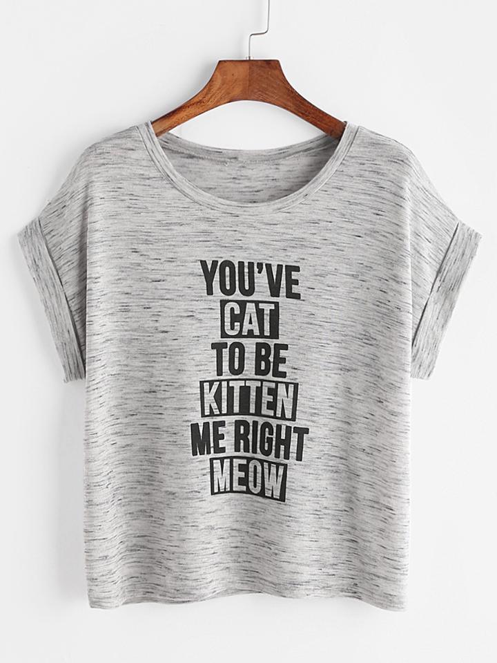 Shein Grey Marled Letter Print Roll Cuff Tee