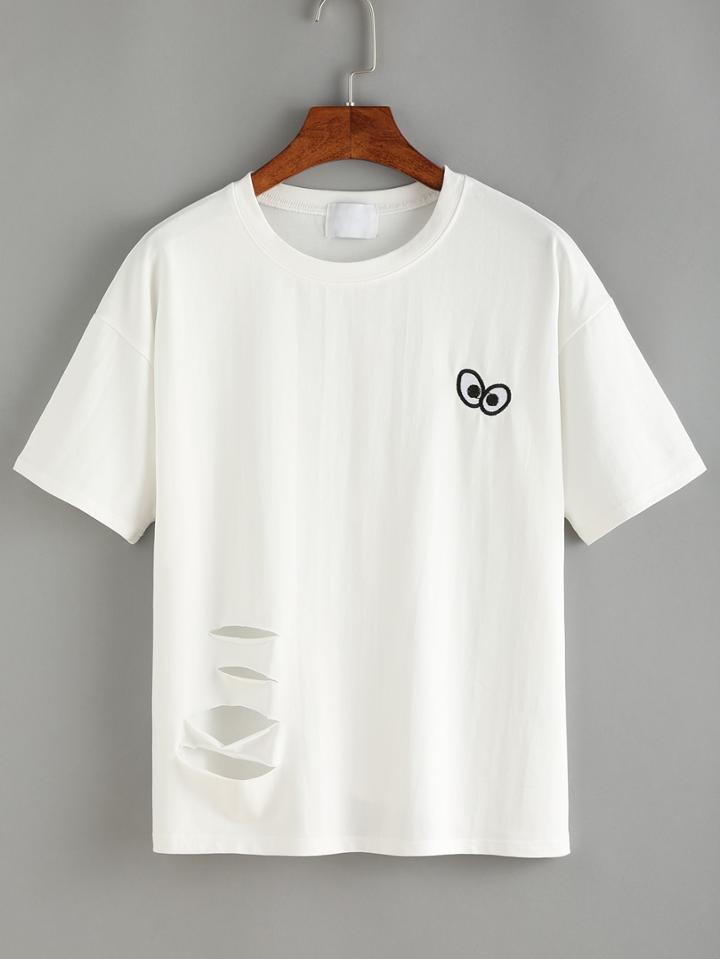 Shein Embroidery Cutout White T-shirt