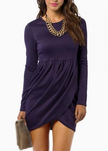 Rosewe Work Essential Long Sleeve Round Neck Purple Mini Dress