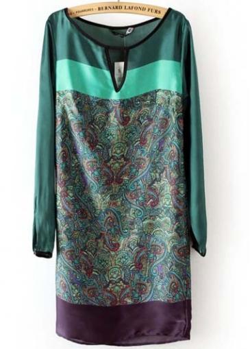 Rosewe Retro Round Neck Long Sleeve Printed Shift Dress