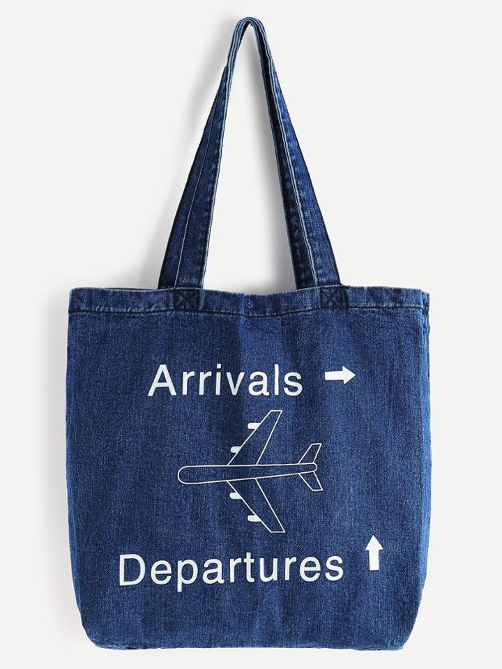 Shein Airplane Print Denim Tote Shopper Bag