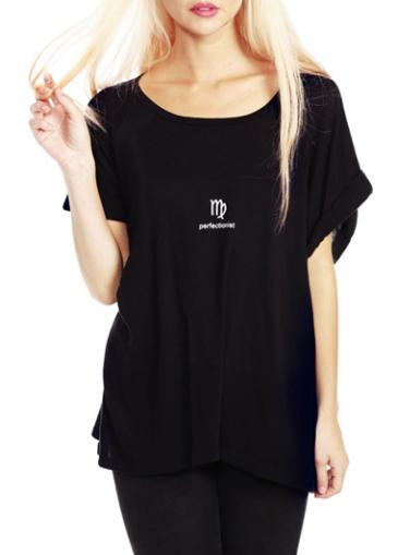 Rosewe Virgo And Letter Print Black Short Sleeve T Shirt