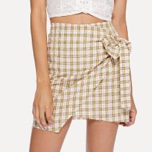Shein Knot Side Raw Hem Checked Skirt