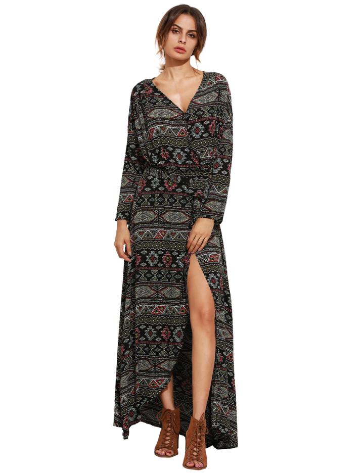 Shein Black Print V Neck Tie Waist Maxi Dress