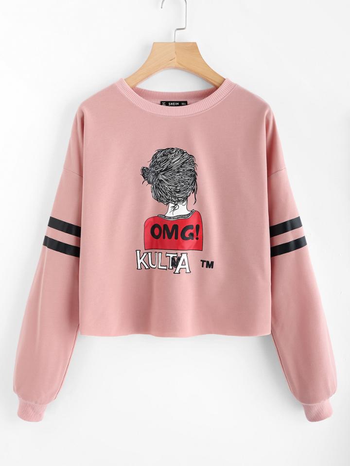 Shein Drop Shoulder Striped Sleeve Graphic Pullover