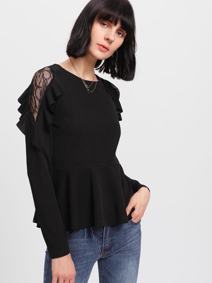 Shein Lace Shoulder Ruffle Trim Peplum Top