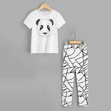 Shein Girls Panda Print Tee & Geo Pants Pj Set