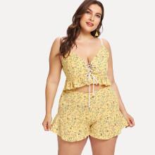 Shein Plus Calico Print Ruffle Hem Cami Top With Shorts