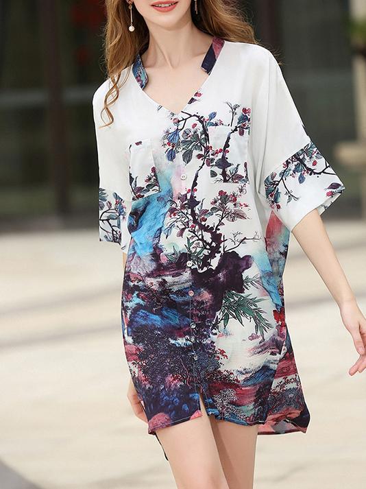 Shein V Neck Tie Backless Print Shirt Dress