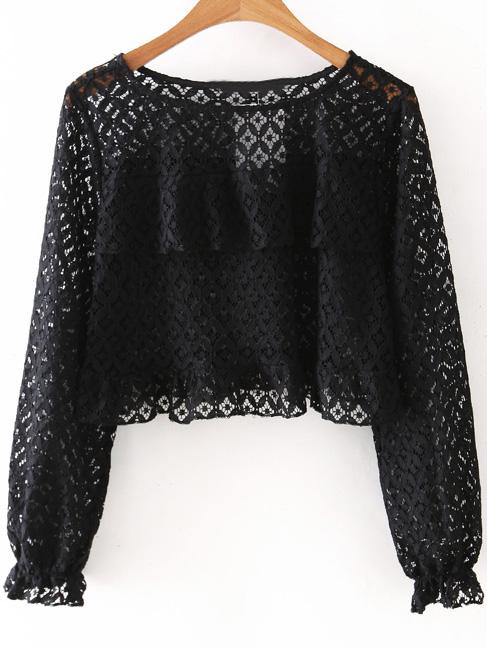 Shein Black Round Neck Long Sleeve Ruffle Lace Blouse