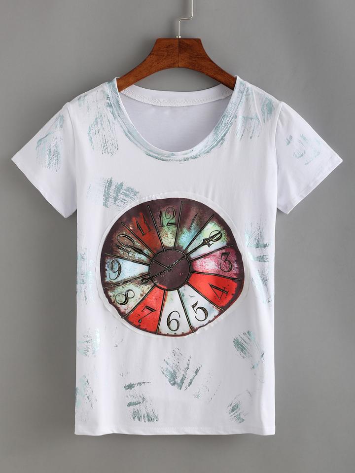 Shein Clock Patch Brush Stroke Print T-shirt
