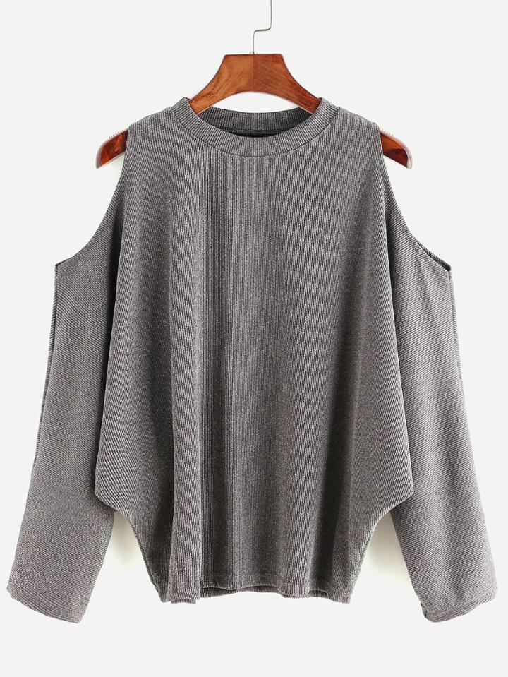 Shein Dark Grey Open Shoulder Ribbed T-shirt