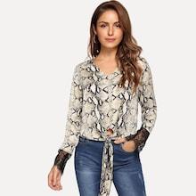 Shein Snake Print Lace Panel Knot Hem Blouse