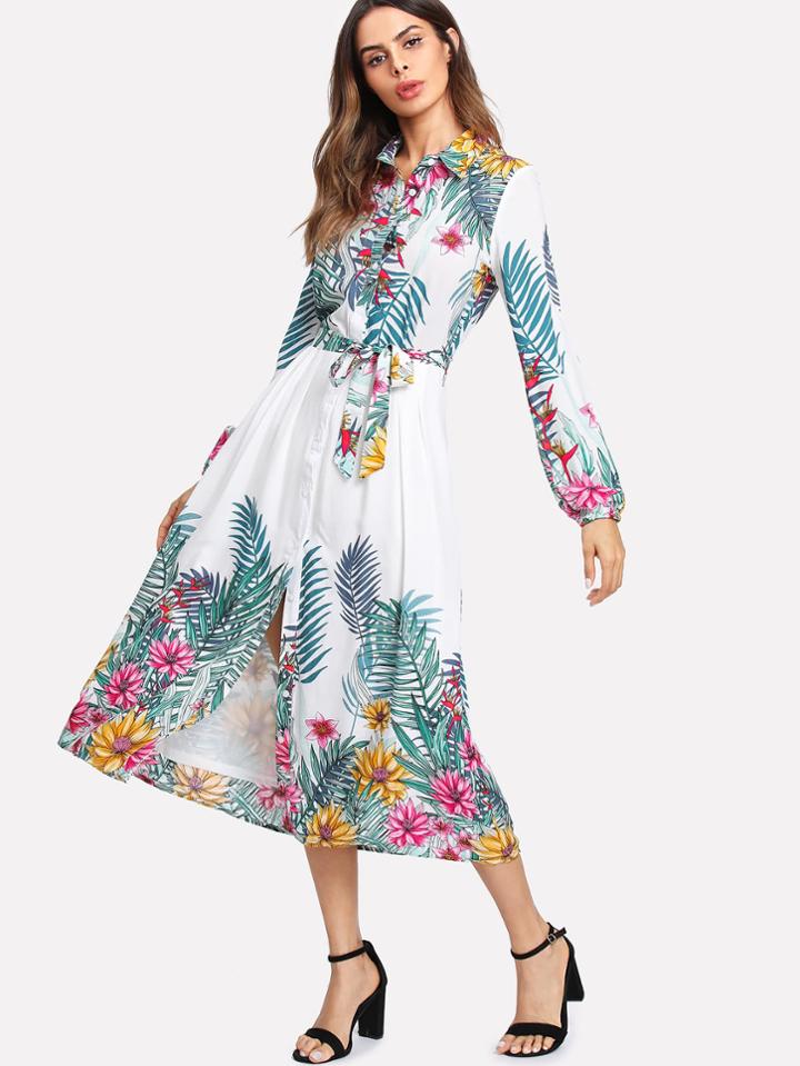 Shein Tropical Print Belted Shirt Dress