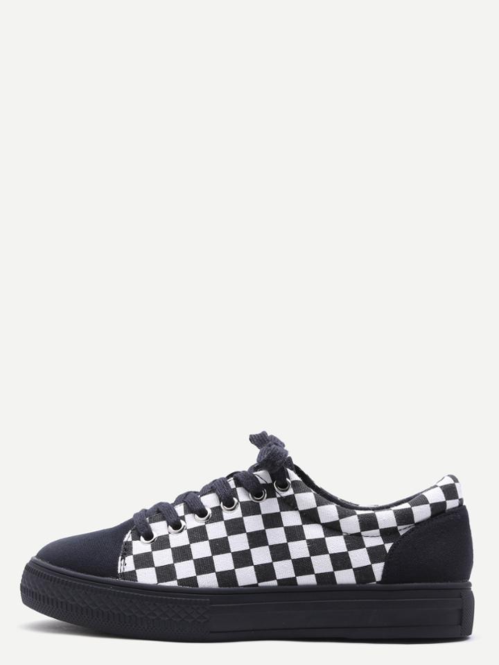 Shein Black Damier Design Rubber Sole Low Top Sneakers