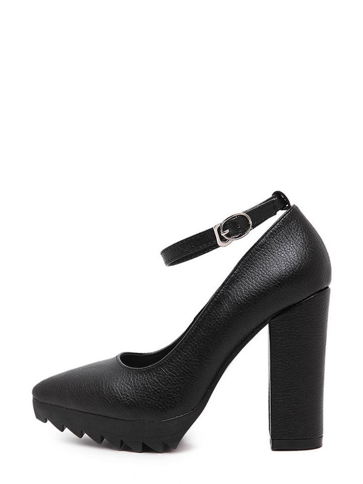 Shein Black Pointed Toe Buckle Zigzag Platform Chunky Pumps