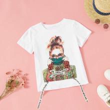 Shein Girls Pearl Beaded Figure Print Tee