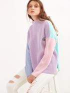 Shein Color Block Funnel Neck Eye Embroidered Sweater