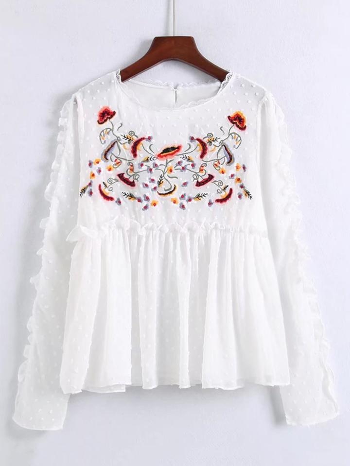 Shein Frill Edge Textured Dot Babydoll Blouse