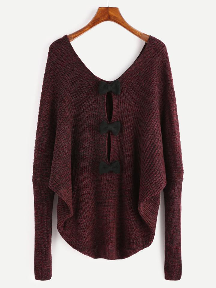 Shein Burgundy Double V Neck Bow Back Slub Sweater