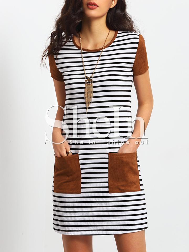 Shein White Striped Contrast Pockets Dress