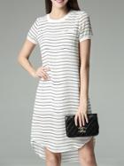 Shein White Crew Neck Striped High Low Dress