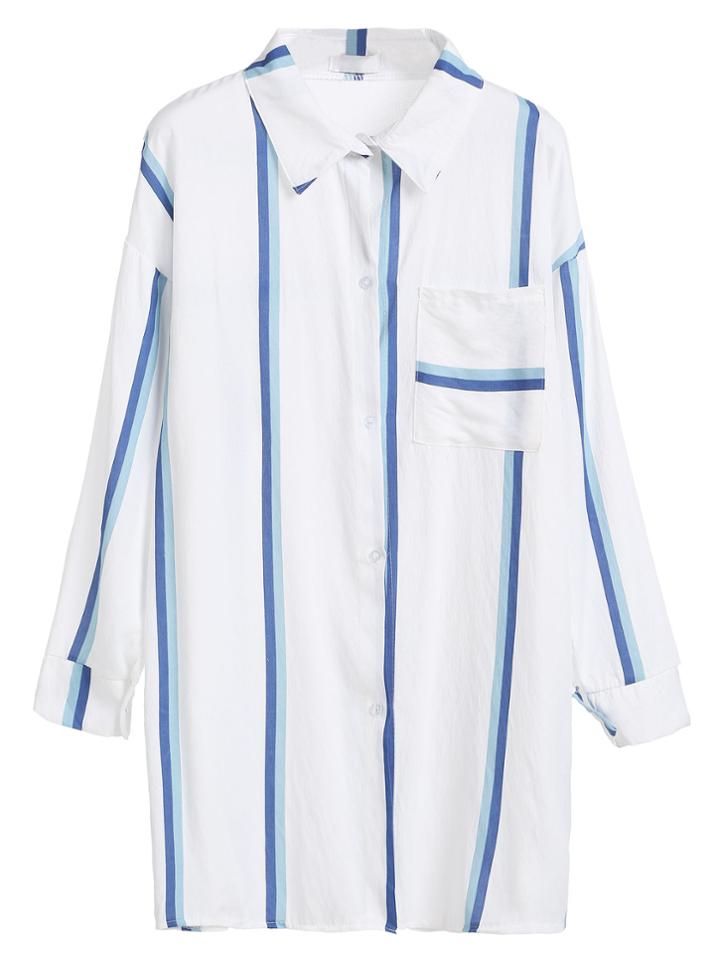 Shein White Striped Drop Shoulder Slit Side Shirt