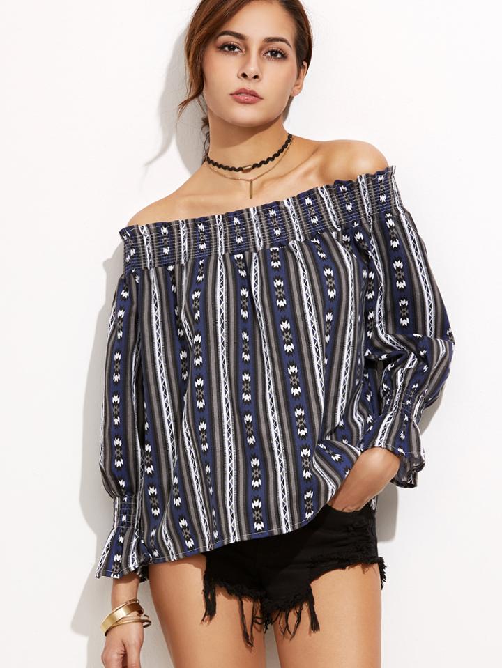 Shein Navy Off The Shoulder Shirred Top