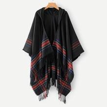 Shein Fringe Hem Colourful Striped Hooded Poncho Sweater
