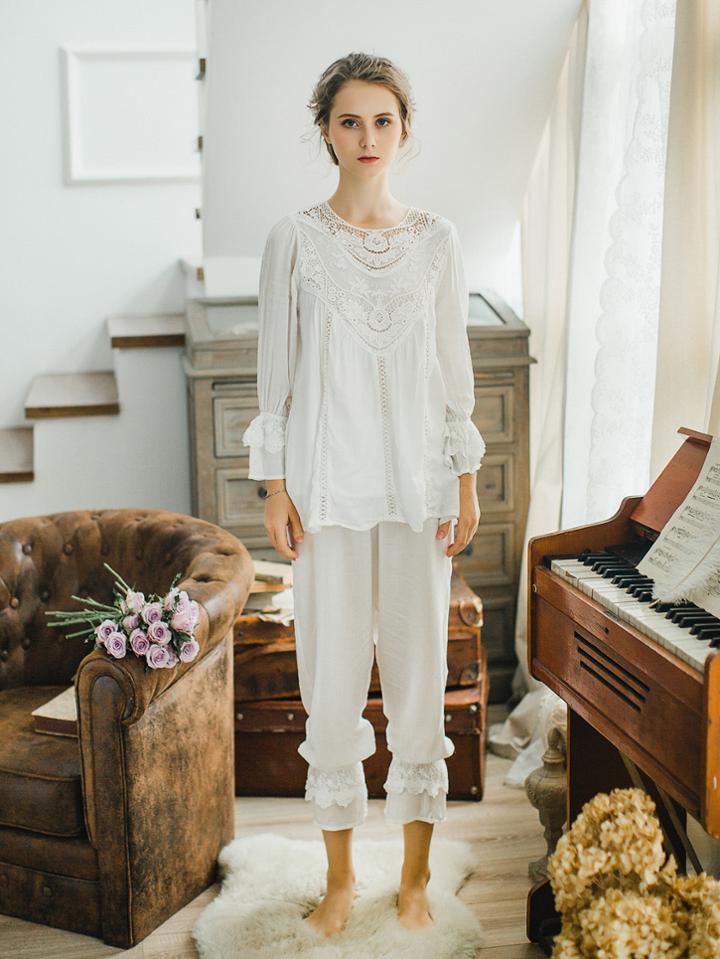 Shein Contrast Hollow Out Lace Top & Pants Pj Set