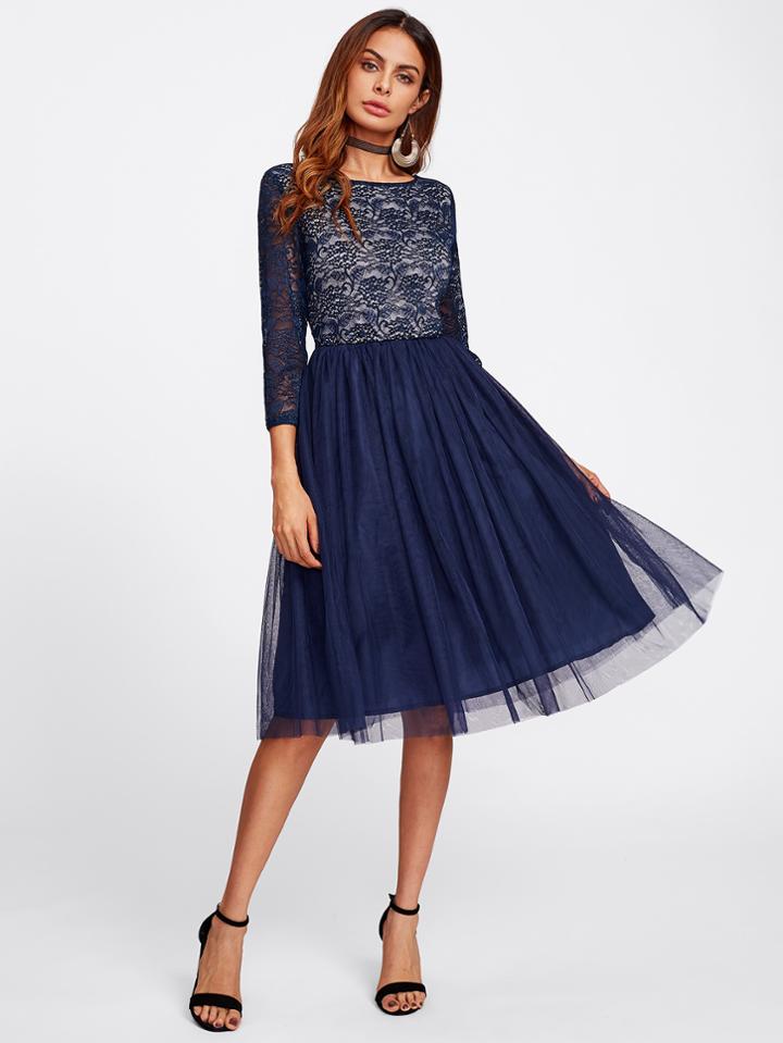Shein Open Back Lace Bodice Tulle Dress