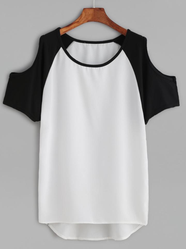Shein Color Block Open Shoulder High Low T-shirt