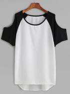 Shein Color Block Open Shoulder High Low T-shirt
