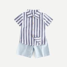 Shein Boys Striped Blouse With Denim Shorts