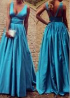 Rosewe Plunging Neck Blue High Waist Maxi Dress
