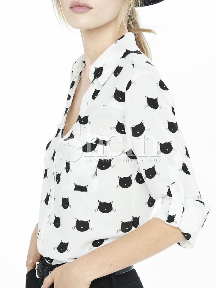 Shein White Long Sleeve Lapel Blouse
