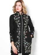 Shein Black Stand Collar Long Sleeve Embroidered Pockets Coat