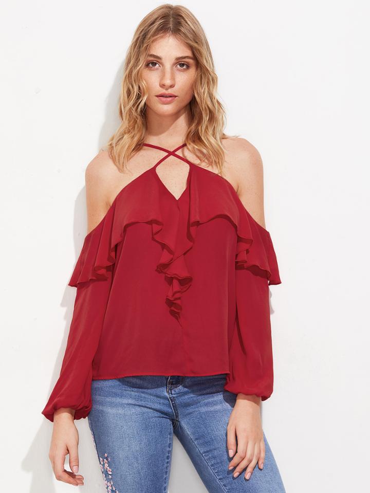 Shein Crisscross Strap Flounce Trim Top