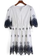 Shein White Half Sleeve Vintage Print With Lace Dress