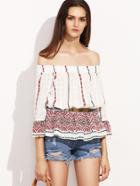 Shein Off The Shoulder Embroidered Three Quarter Sleeve Blouse