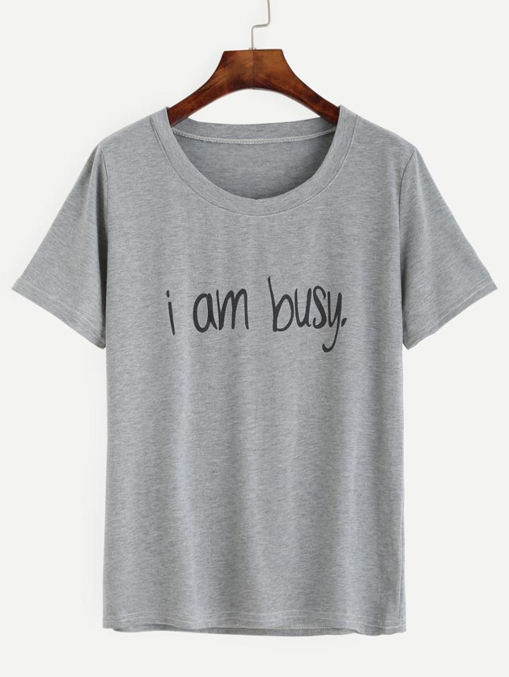 Shein Grey Round Neck Letters Print T-shirt