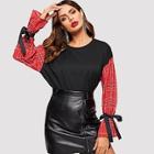 Shein Bow Tie Sleeve Plaid Panel Sweatshirt